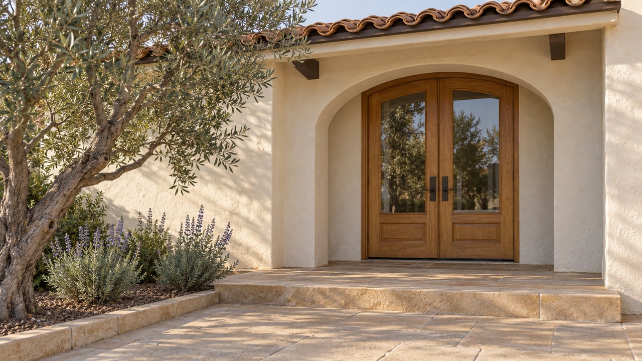 Cream stucco home with a clay tile roof, arched oak-and-glass double doors, a sandstone porch, and an olive tree.