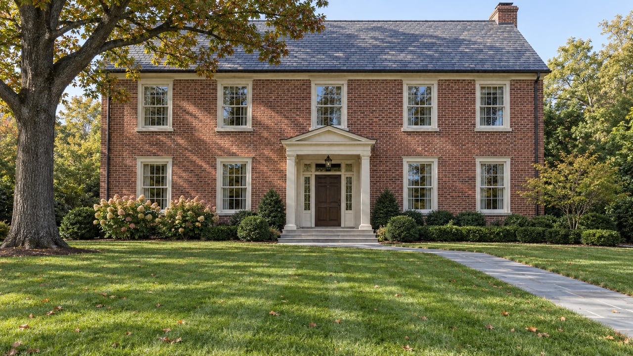 Brick colonial home beyond a broad autumn lawn, with a mature oak, faded hydrangea flowers and a bluestone entry walk.
