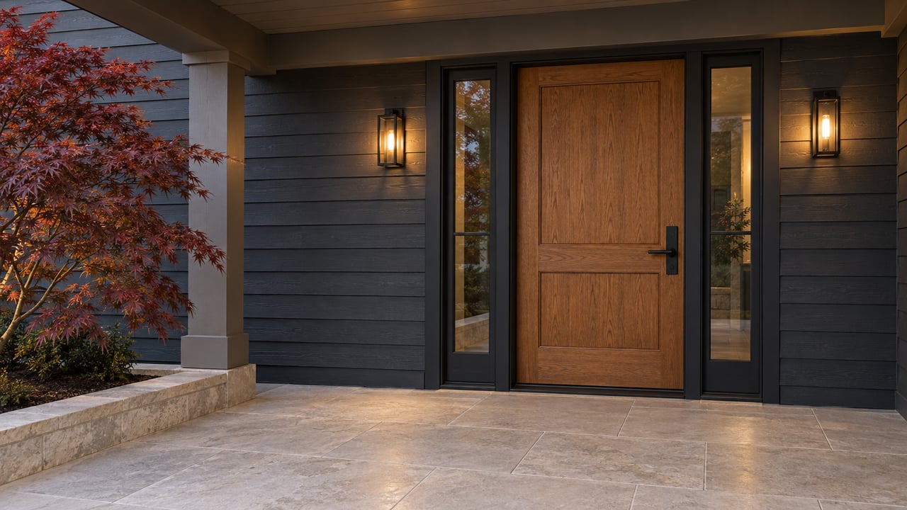 Covered entrance with a closed oak door, black-framed sidelights, charcoal siding and pale limestone paving beside a red-leaved Japanese maple.