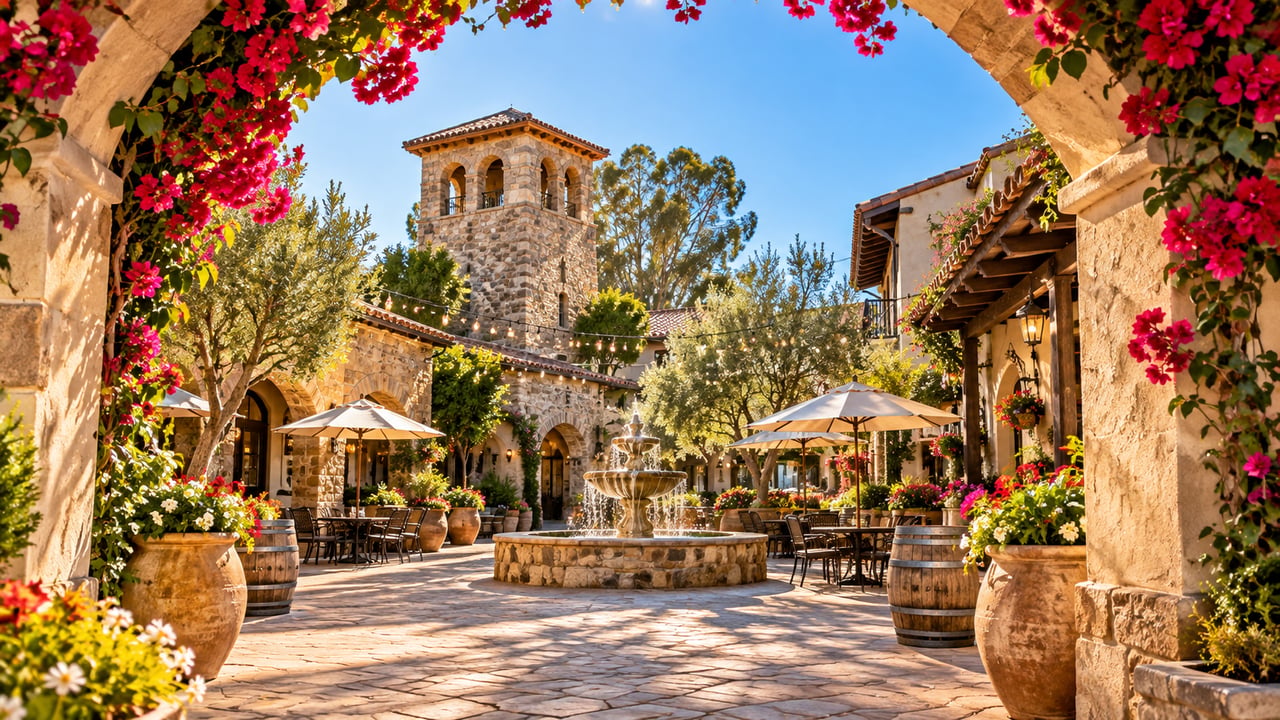 Scenic archway and courtyard at historic Vail Headquarters in Temecula, California — a popular gathering space near the Redhawk neighborhood.