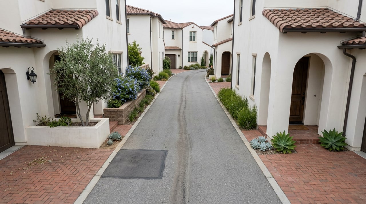 Private paved lane between two-story stucco homes, with paver aprons, a sealcoat patch, and olive trees.