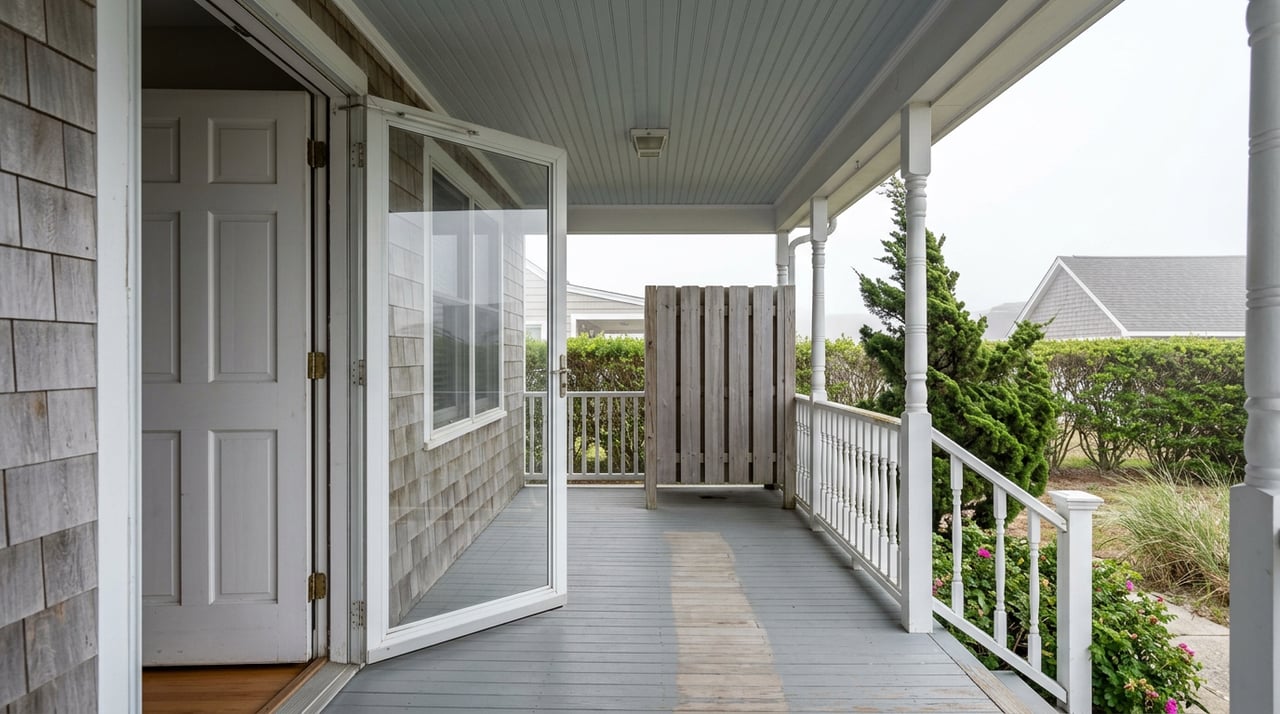 View through an open cottage doorway onto a porch, with white railings, a wind-shaped juniper, and a neighboring roof beyond.