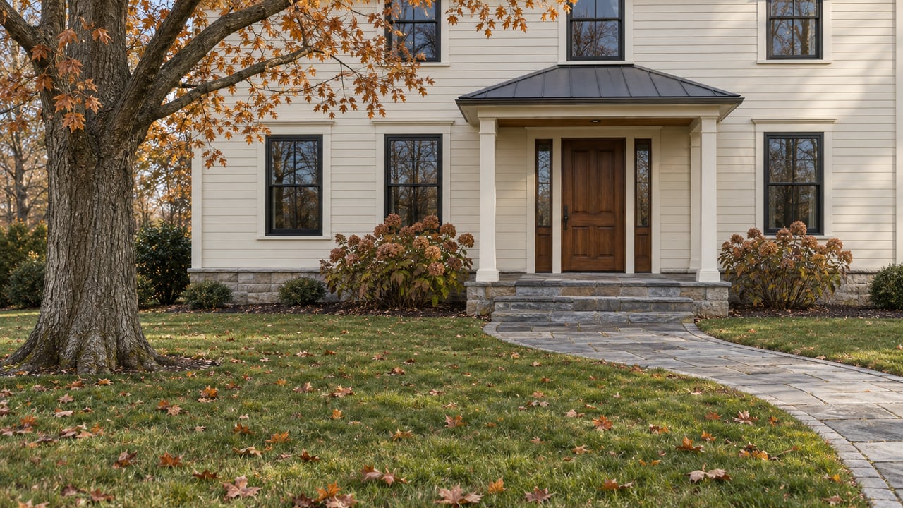 Cream-sided home with black-framed windows, a sheltered oak entry and bluestone walk across a deep autumn lawn beneath a mature maple.