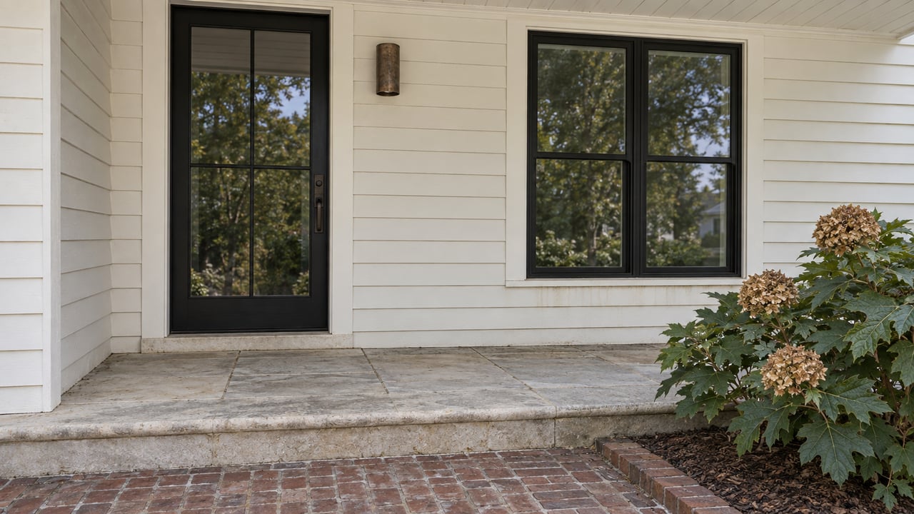 Covered entrance with white lap siding, a dark glazed door and window, worn limestone steps, and oakleaf hydrangea beside a brick landing.