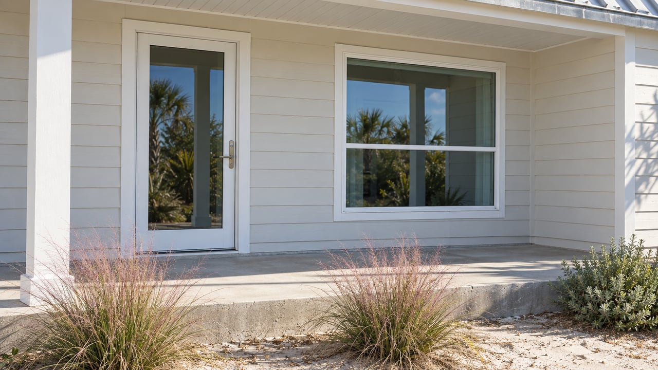 Coastal home entry with a glazed door, large window, white siding, and grasses beside a concrete porch.