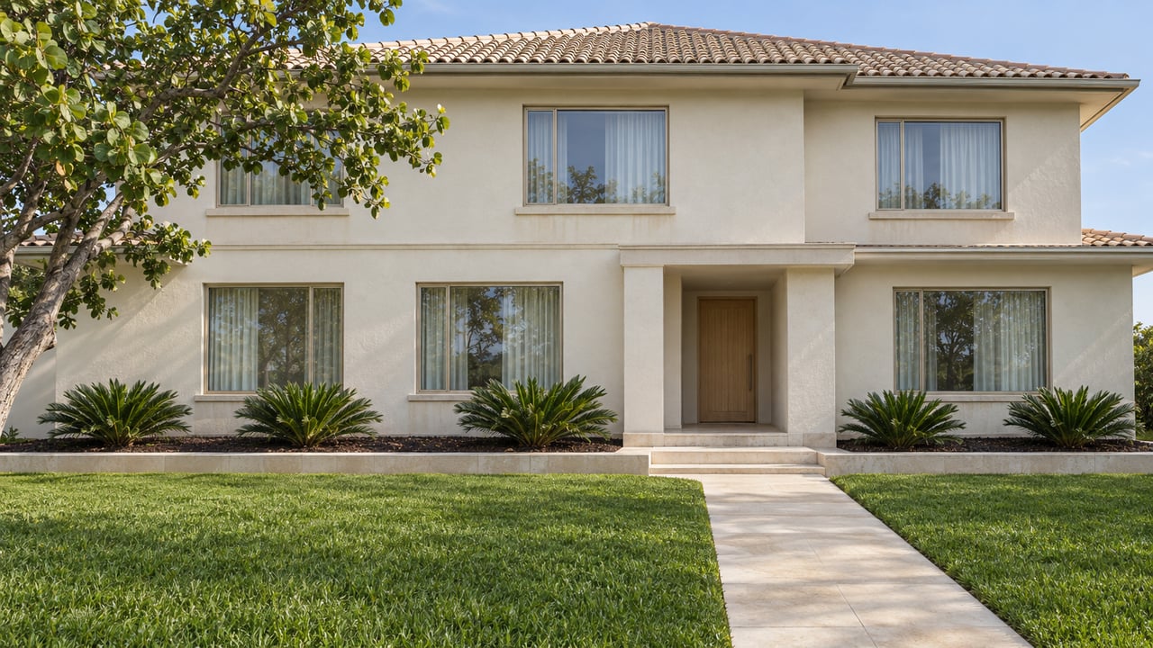 Cream stucco home with pale tiled roof, a deep green front lawn, limestone entry walk, and a sculptural sea grape tree.