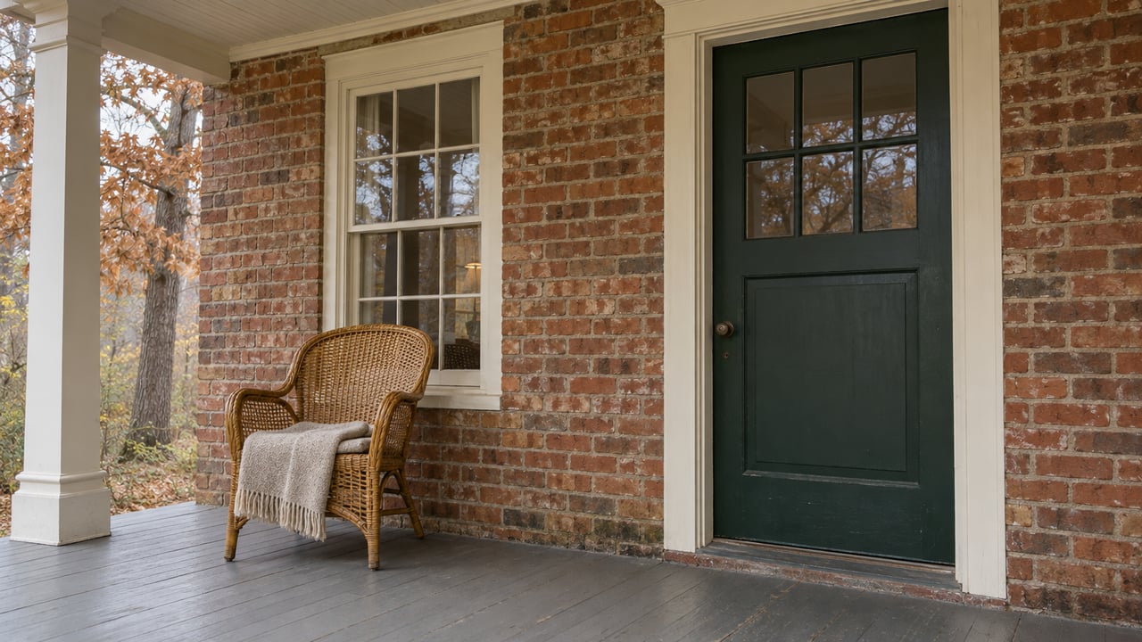 Covered porch with a forest-green entry door, cream-trimmed window, weathered brick and a woven cane chair.