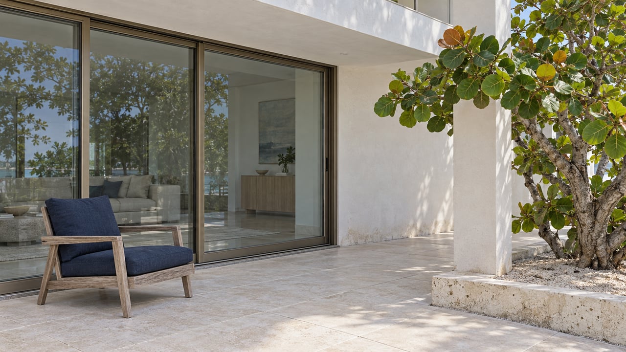 Light coastal home with bronze-framed glass doors, cream terrace paving, a teak lounge chair and a sea grape tree beside a limestone-bordered planting bed.