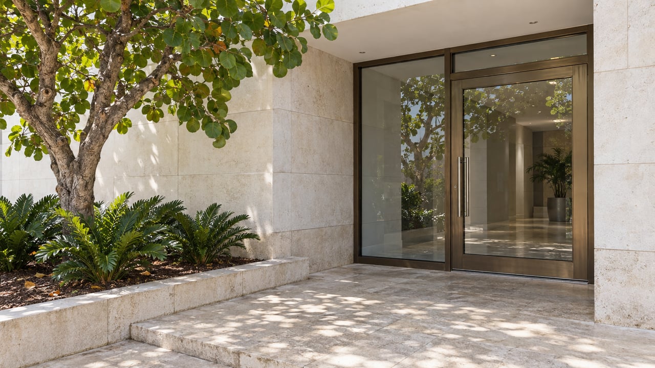 Sunlit limestone residential entrance with bronze-framed glass, a sculptural sea grape tree and a raised planting pocket.