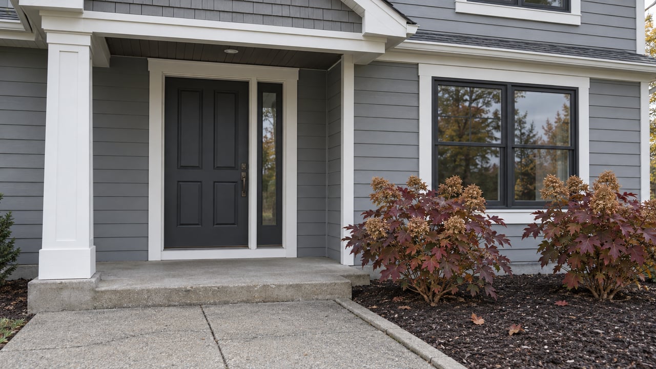 Gray-sided home with a white-trimmed covered entry, charcoal front door, concrete walk, and burgundy oakleaf hydrangeas.