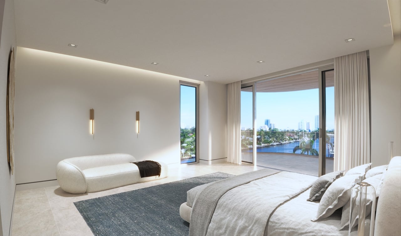 Rendering of bedroom and private terrace at Lumière on Hendricks Isle in Fort Lauderdale.