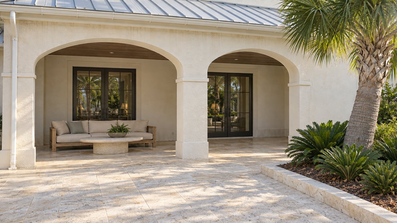 Ivory stucco home with two arched loggia openings, limestone terrace, teak outdoor seating and a sculptural palm in a raised planting bed.