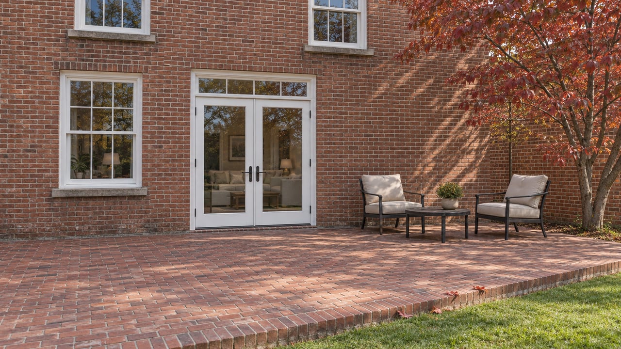 Brick rear terrace with glazed white doors, two outdoor chairs, and a dogwood turning russet beside a traditional two-story home.