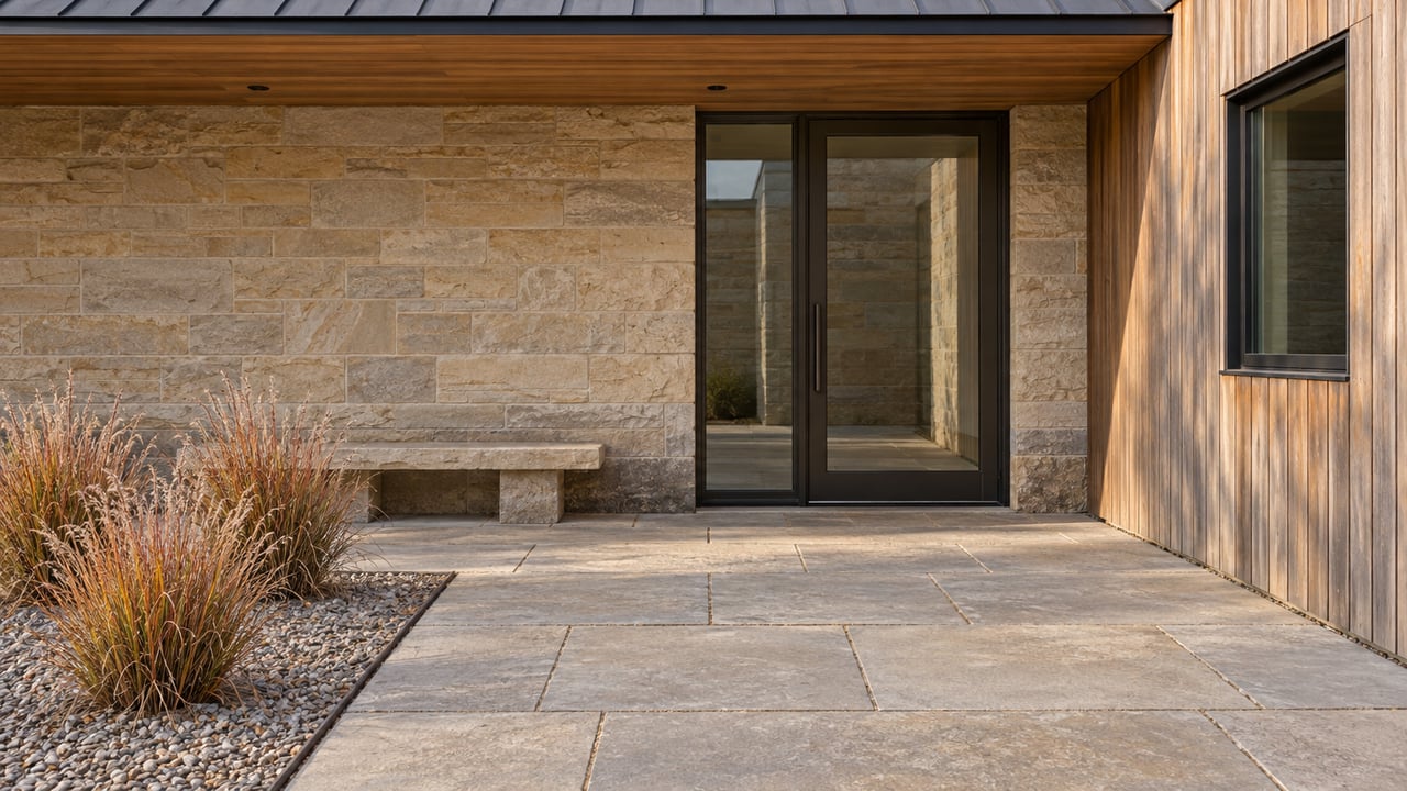 A sheltered residential entrance with cedar soffits, sandstone walls, bronze-framed glass and copper-colored little bluestem beside a stone approach.