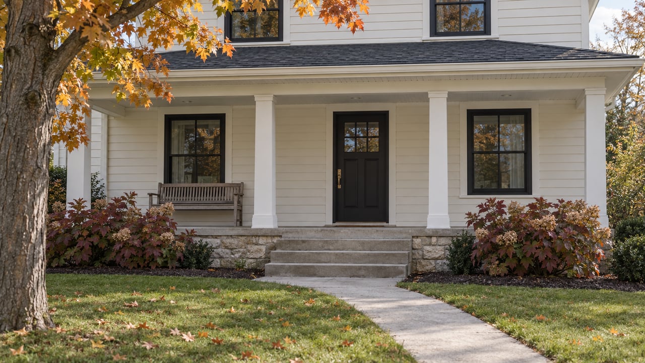 An ivory-sided home with a covered porch, black-framed windows and a clear front walk beside autumn maple leaves.