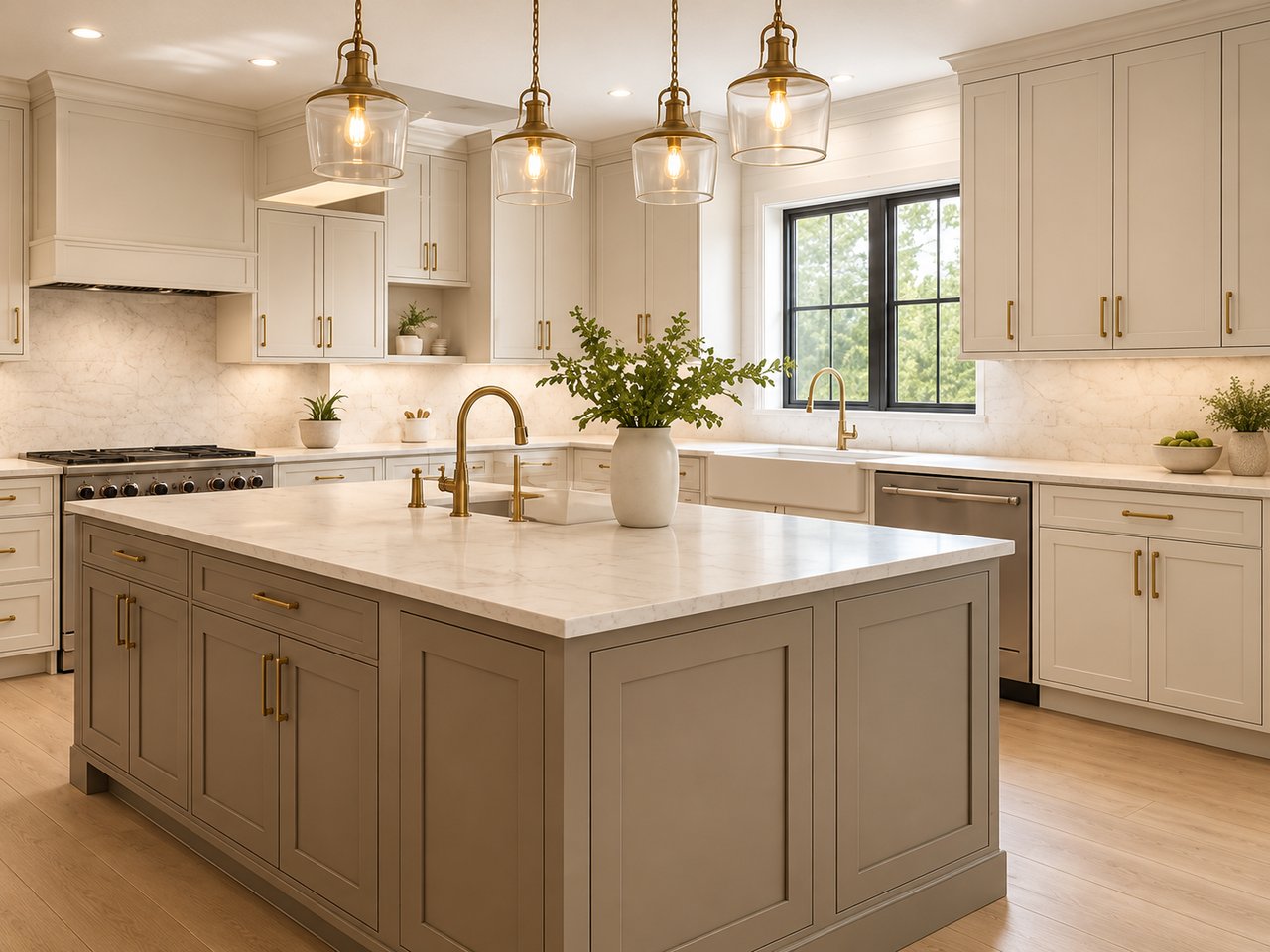 Staged kitchen with a large marble island, cream cabinetry, brass fixtures, and a black-framed window.