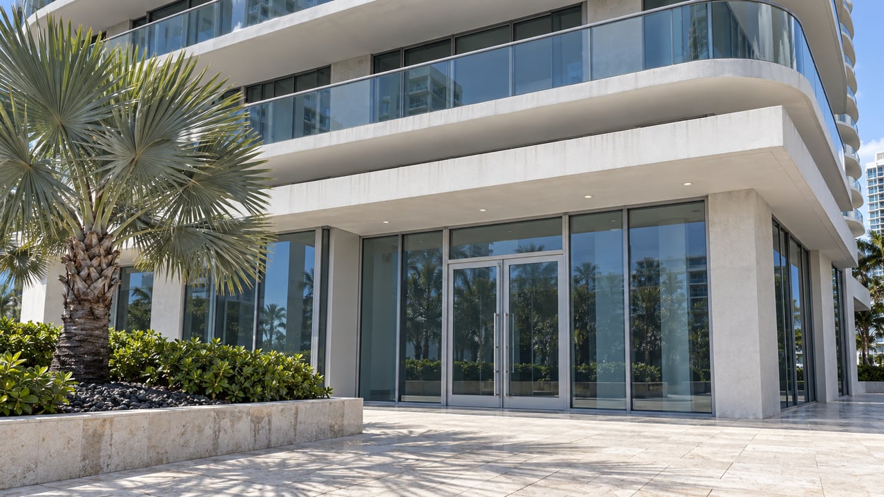 Residential tower entrance with glass doors, rounded balconies, and a fan palm beside the limestone paving.