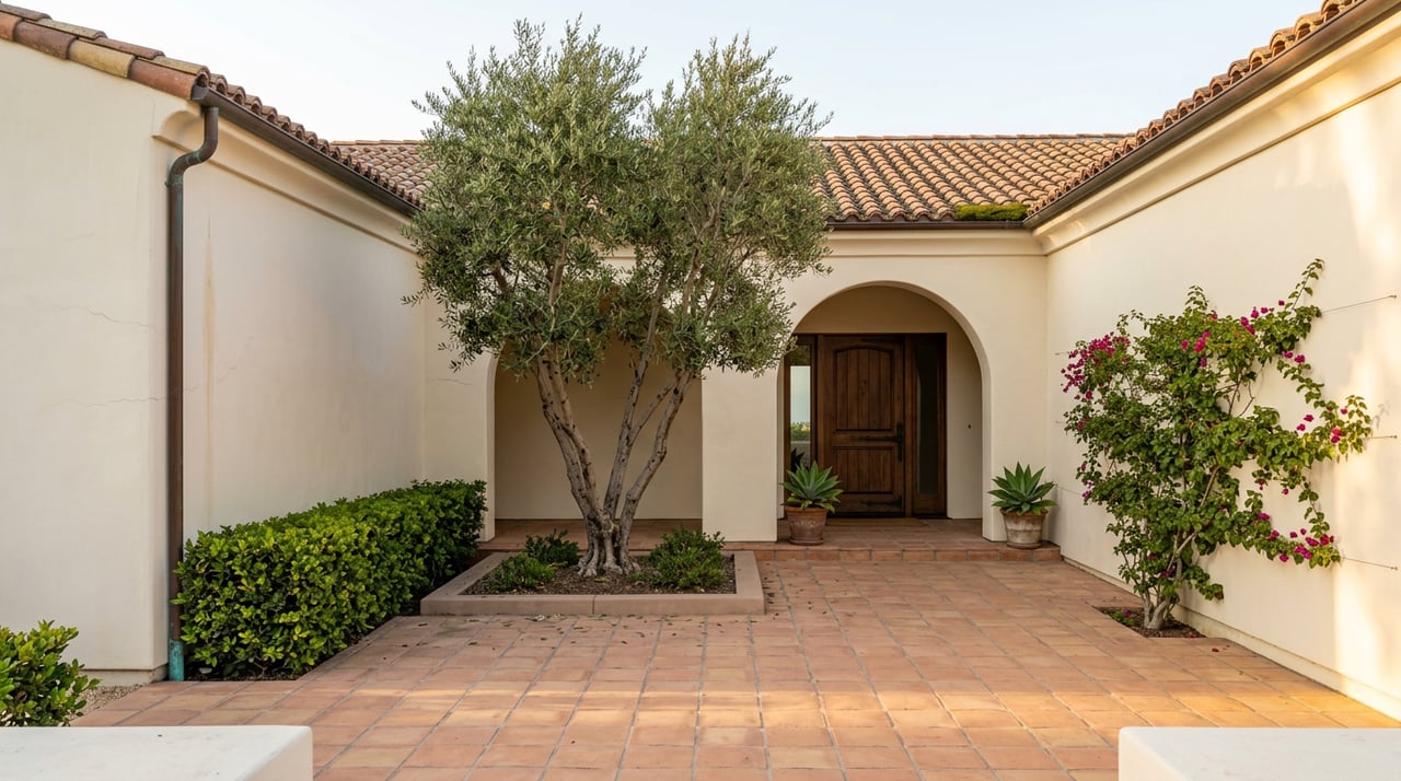 Stucco courtyard with a central arched loggia, terracotta paving, and an olive tree casting long shadows.