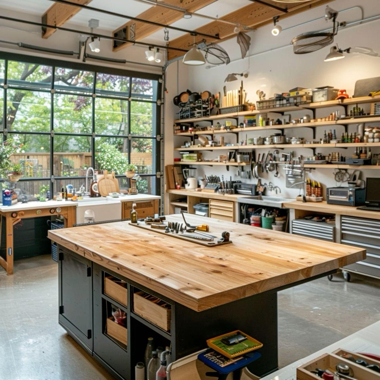 Workshop with a large wooden workbench, organized tool shelves, and a glass-paneled garage door.