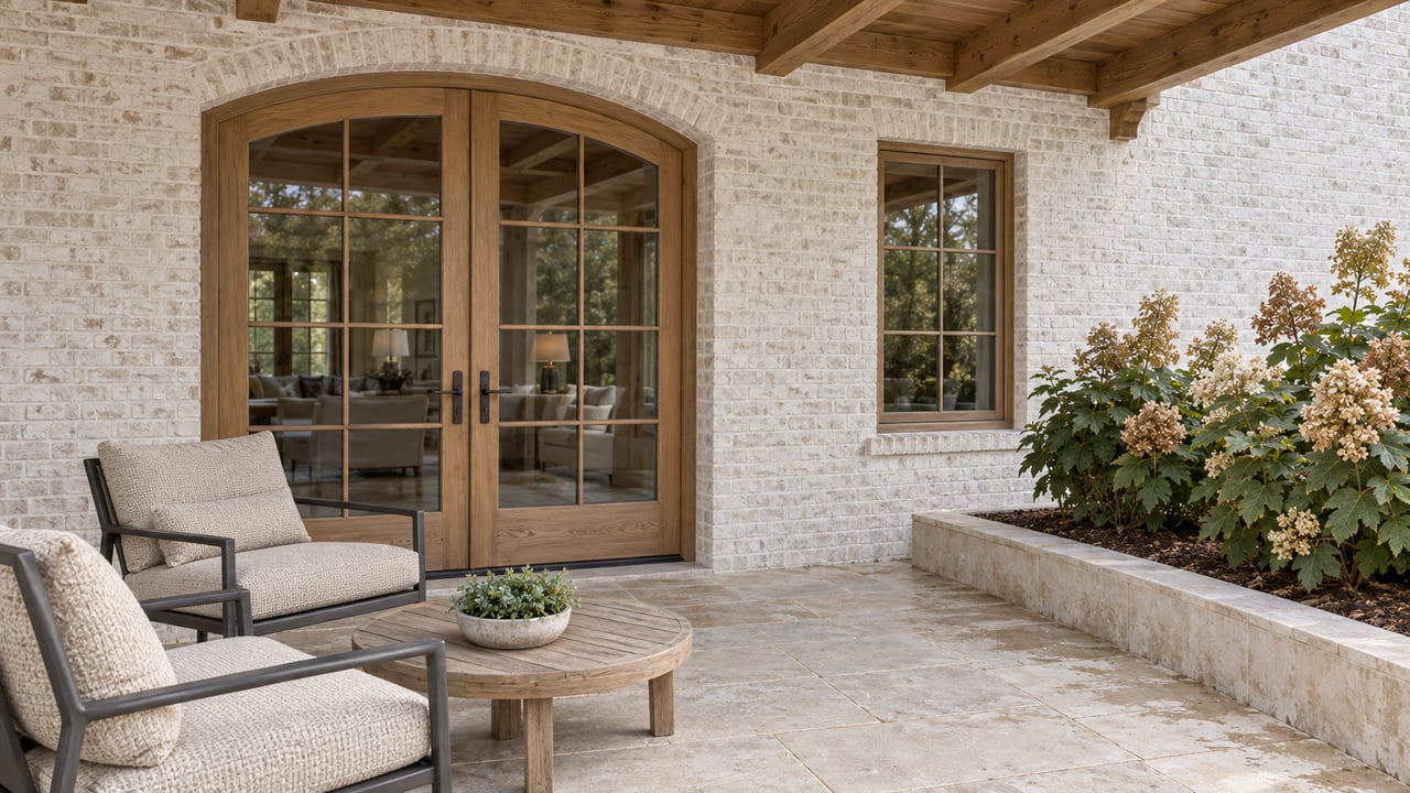 Stone patio with cushioned chairs, a round wooden table, and timber-framed glass doors.