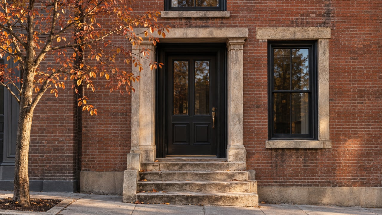 Brick townhouse entry with limestone stoop, dark glazed door, and sparse copper leaves from a street tree.