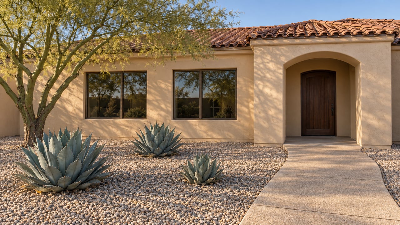 Sand-colored single-story stucco home with terracotta roof, arched entrance, a generous gravel garden, sculptural blue palo verde, and three agaves beside a concrete approach.