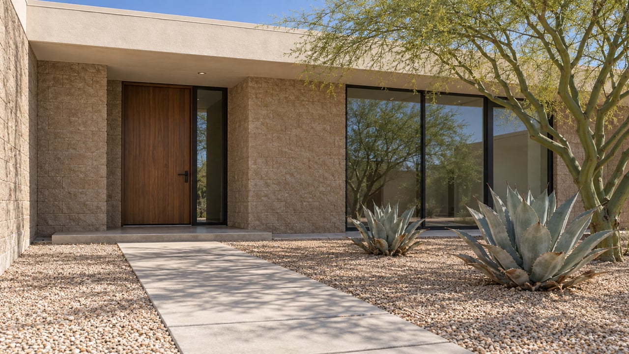 Low desert-modern home entrance with ivory stucco, textured concrete block, walnut door and sculptural blue-grey agaves in a gravel forecourt.