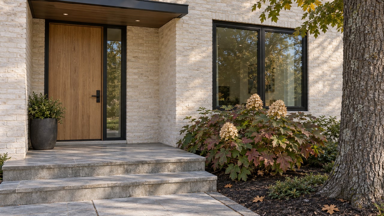 Limewashed brick entrance with a weathered oak door, black-framed window, gray stone steps, and autumn oakleaf hydrangea.