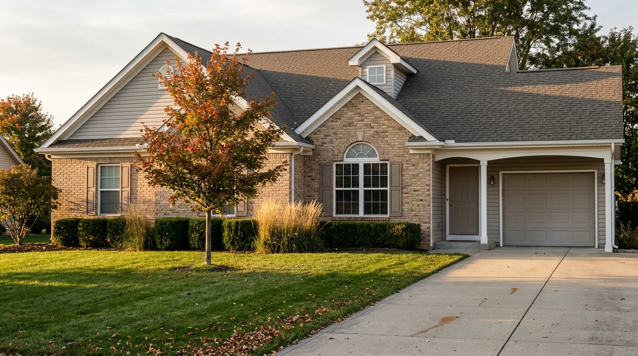 Two-story tan brick house with a gray gable, arched entry window, attached garage, and orange-red maple in the lawn.