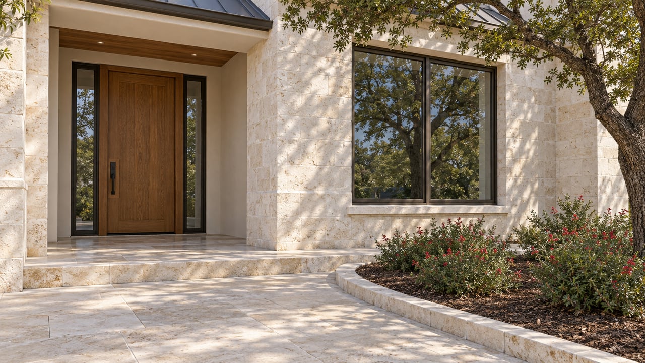 Limestone home entrance with an oak door, bronze-framed glazing and a live oak beside a stone approach.