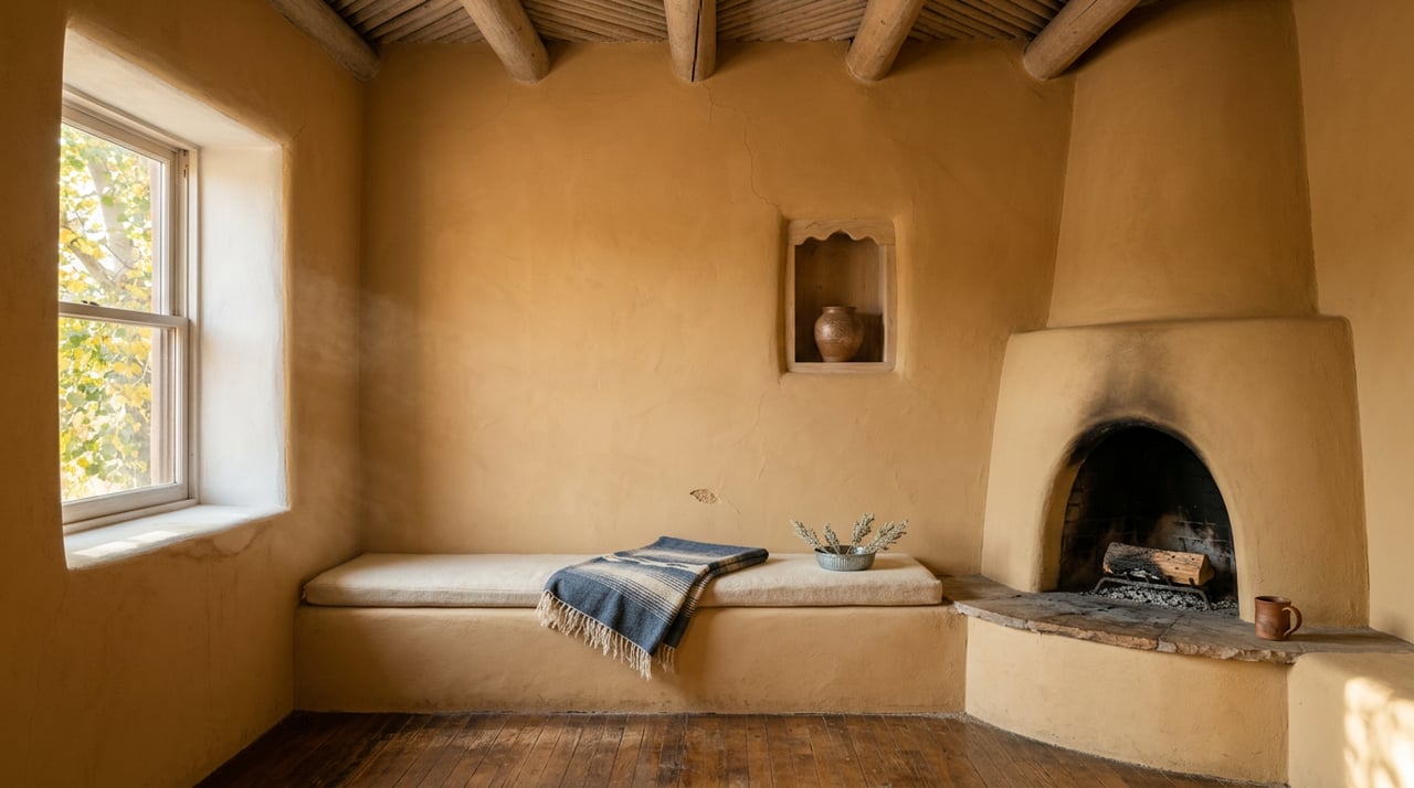 Adobe living room corner with a rounded kiva fireplace, built-in banco, and cottonwood leaves in a deep-set window.