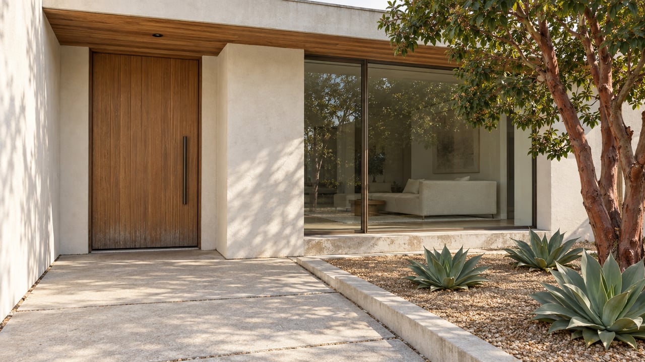 Contemporary home entry with ivory stucco, a cedar door, bronze-framed glazing and sculptural planting beside a pale concrete approach.