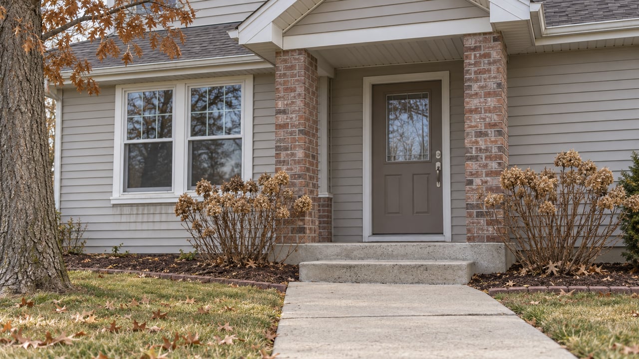 A greige-sided home with a small brick-supported porch, concrete front steps, and late-autumn planting.