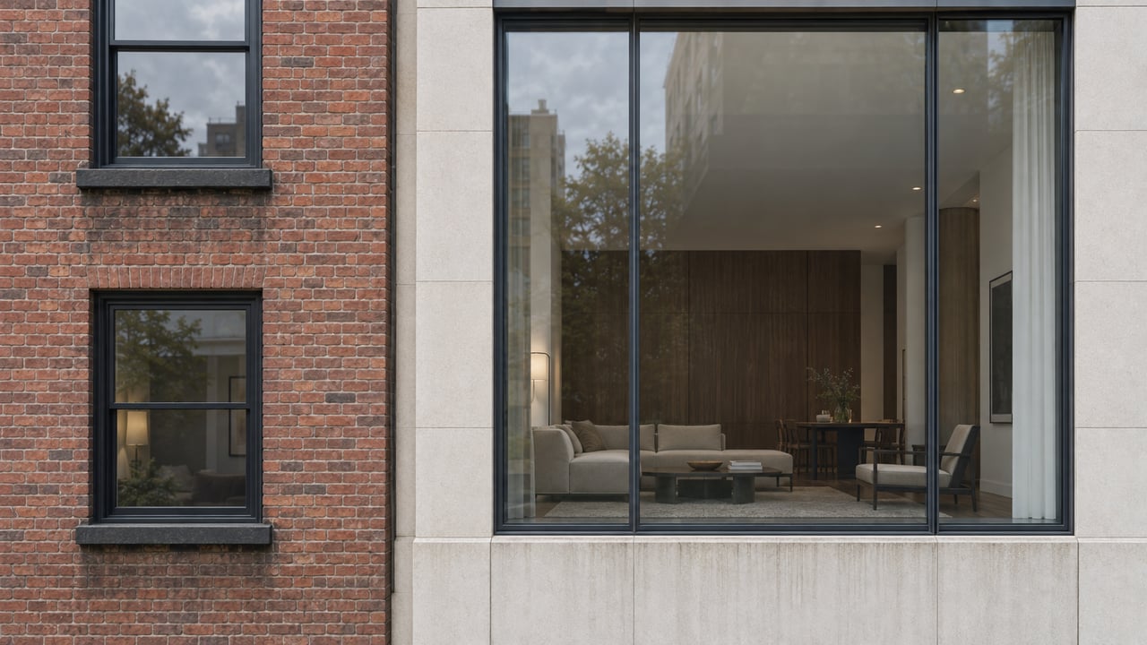 Modern residential glazing with pale limestone piers beside a weathered red-brick facade.