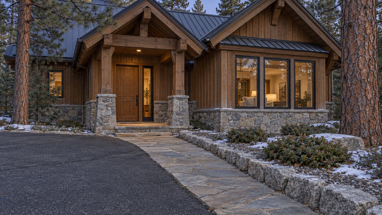 Timber-and-stone home at winter dusk, with warm windows, a sheltered porch and light snow beside a cleared approach.