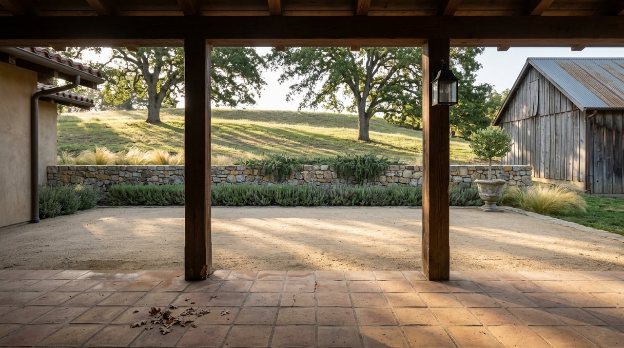 Timber posts frame a terrace, fieldstone wall, oak-dotted grass slope, and weathered barn gable.