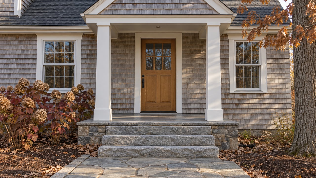 Gray cedar-shingled home entrance with a honey-oak door, white porch posts, granite steps, and burgundy oakleaf hydrangeas.