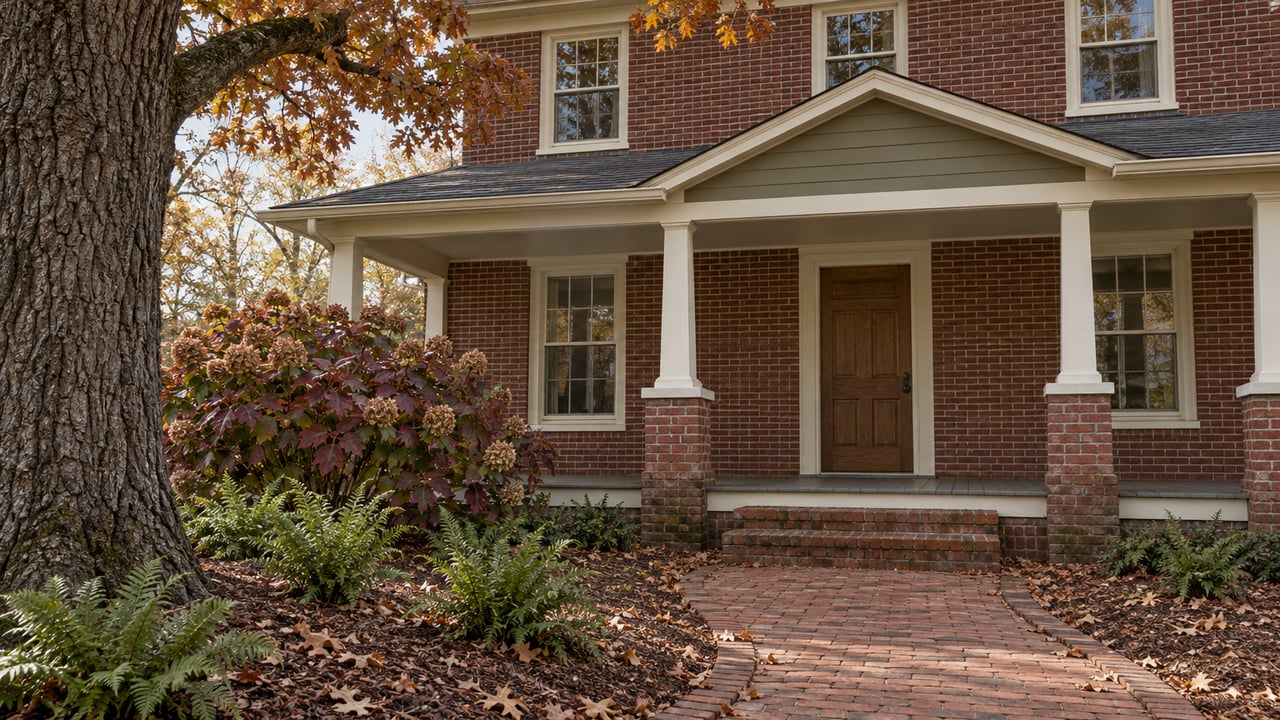 An established brick home with a timber porch, autumn oak leaves, and a brick garden path in soft morning light.