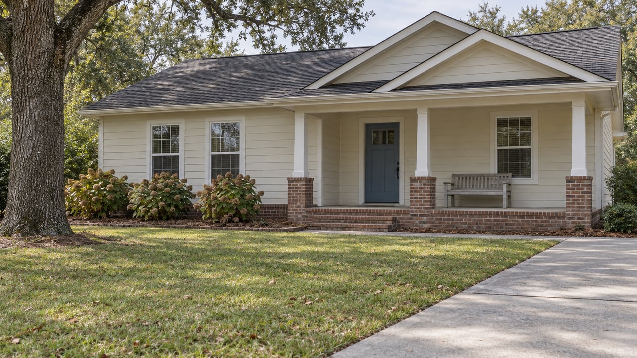 Cream lap-sided cottage with blue front door, brick porch steps and an oak-shaded front lawn.