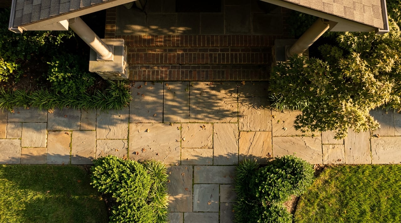 Overhead view of a flagstone walkway edged with greenery, maple leaves, and dappled shadows leading to brick porch steps.
