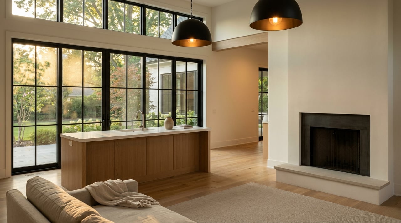 Open-plan great room and kitchen with a plaster fireplace, limestone hearth, oak island, and black-framed glass doors.