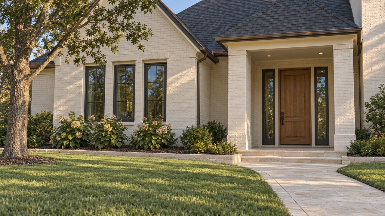 Painted-brick home with a steep gable, limestone entry porch, oak front door, and deep lawn beneath a mature oak.