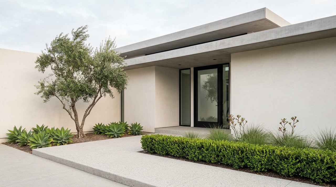 Modern stucco home with a glass entry, olive tree, agaves, and a diagonal concrete walkway.