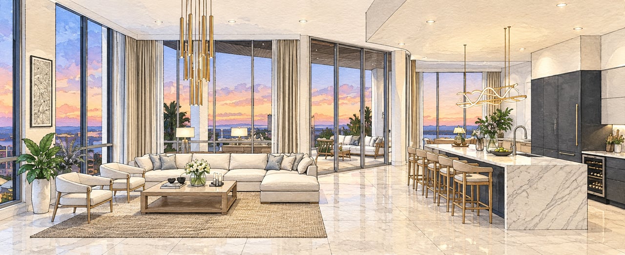 Open-plan living room and kitchen with a marble island and sunset water views through floor-to-ceiling windows.