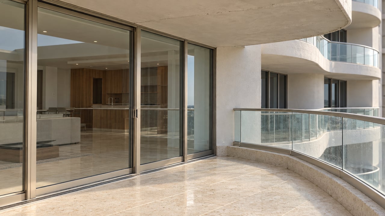 Condominium balcony with closed sliding glass doors, curved concrete railing, and terrazzo floor.