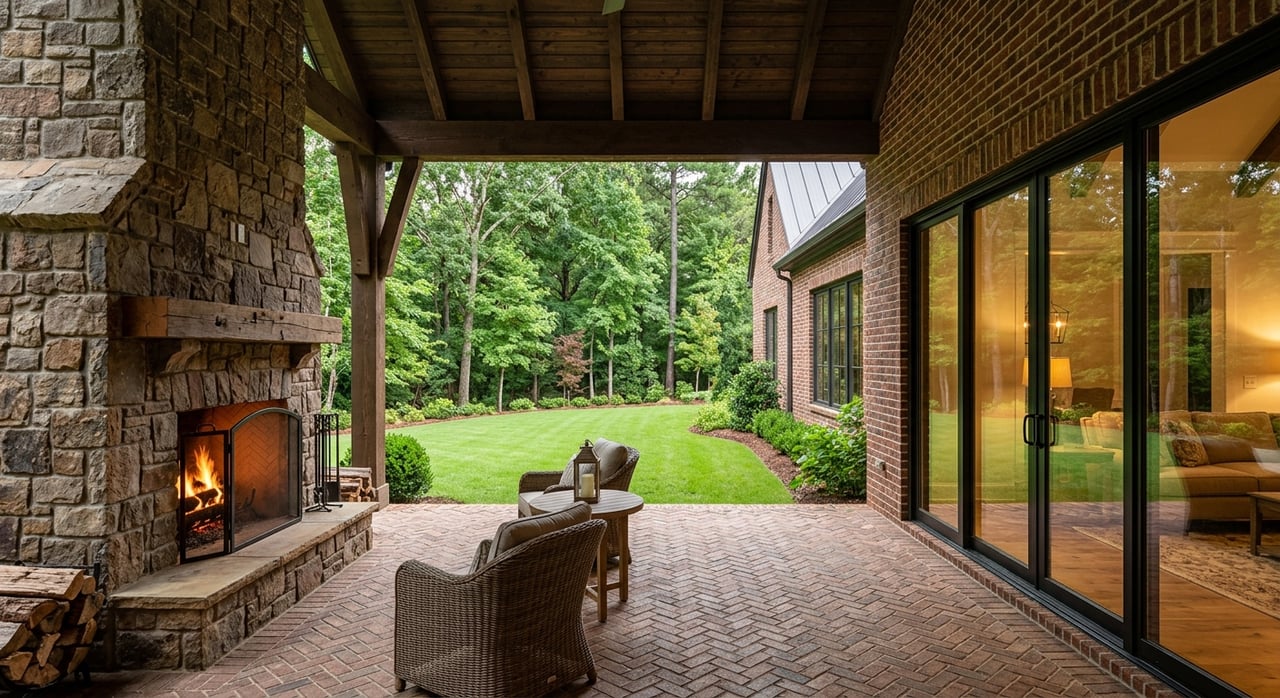 Covered brick patio with bluestone fireplace, teak lounge chairs, sliding glass doors, and lawn bordered by trees.