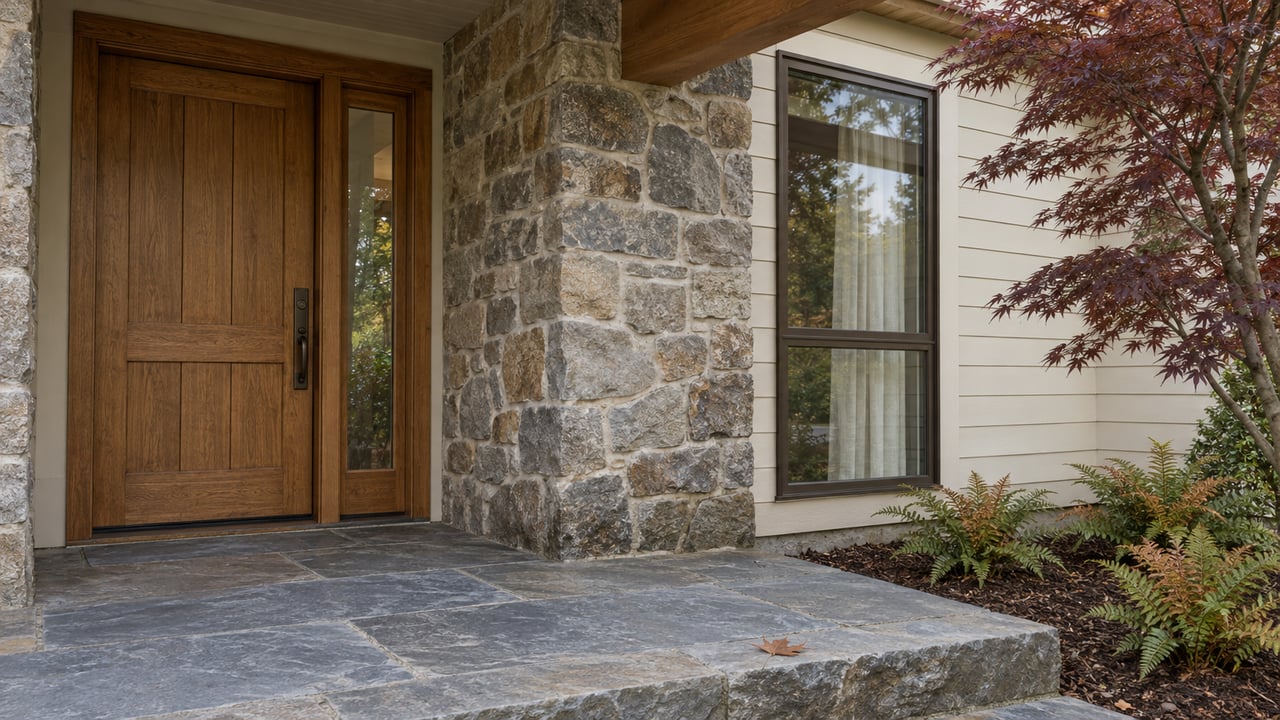 Covered home entry with an oak door, fieldstone pier, tall window and blue-gray stone landing beside a Japanese maple.