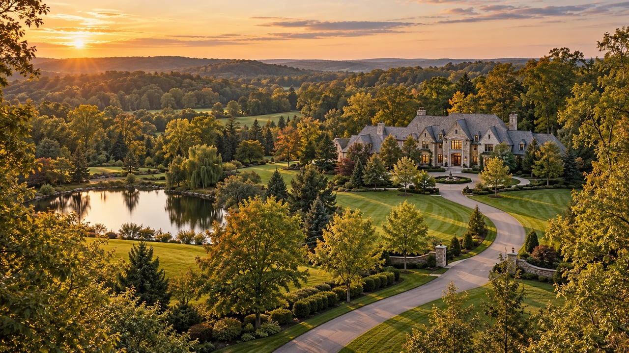 Large stone estate beside a pond, with winding drive and wooded hills at sunset.