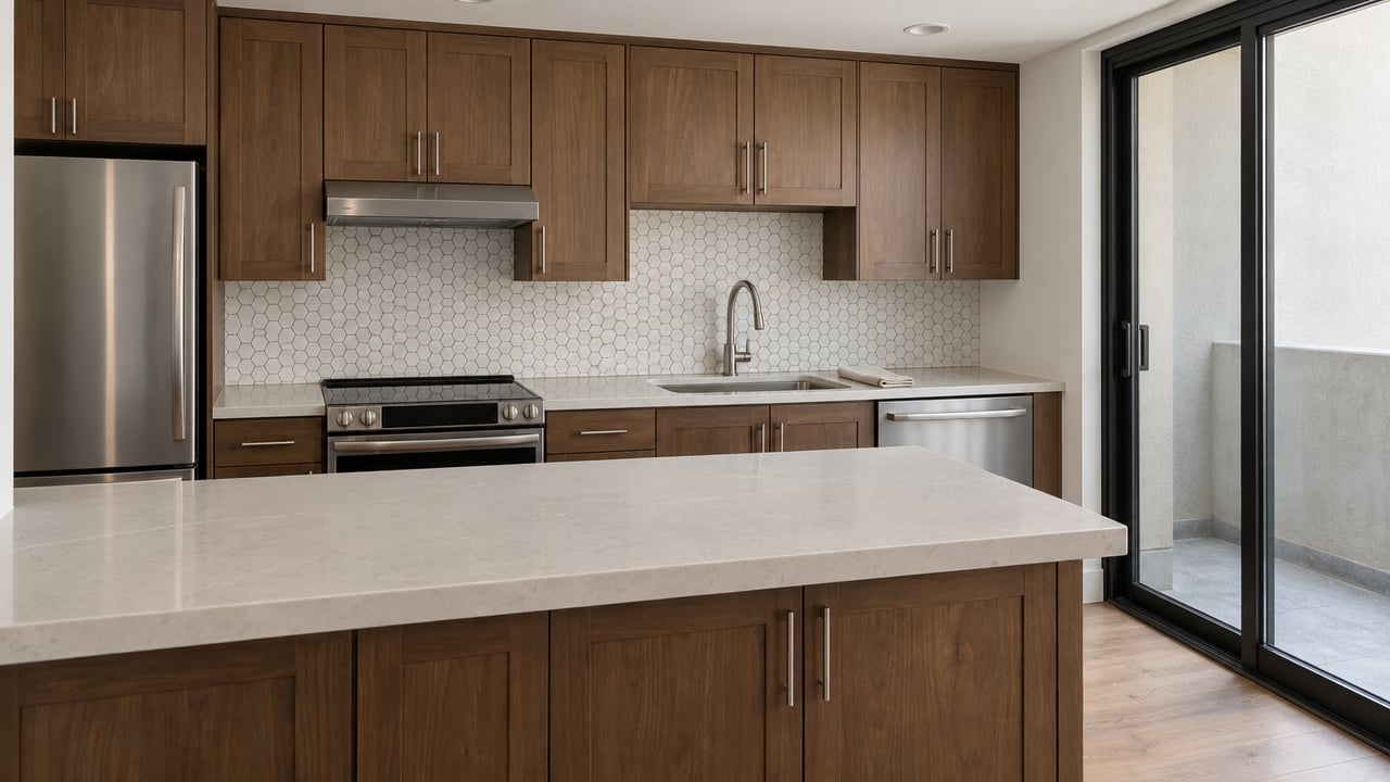 Sunlit condominium kitchen with walnut shaker cabinets, a white quartz peninsula, stainless sink, and closed black-framed balcony doors.