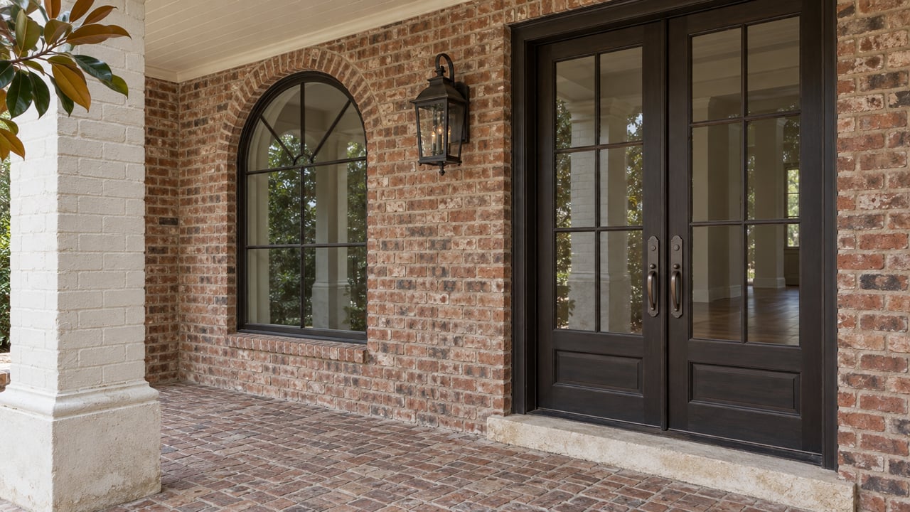Covered brick porch with a cream-painted column, arched window, dark glazed double doors and worn limestone threshold.